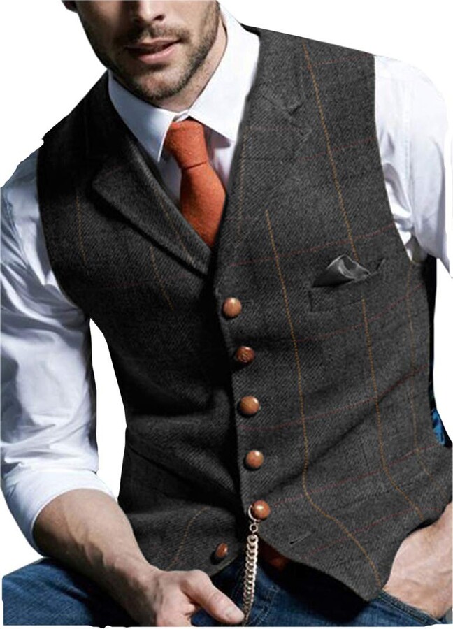 JinXuanYa Mens Formal Wool Vest Tweed Herringbone Waistcoat Notch Lapel Slim Fit Business for Wedding Party Office 