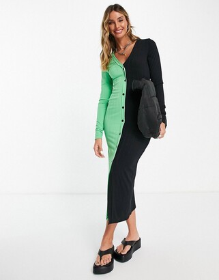 ASOS DESIGN midi cardigan style dress in colourblock green and black