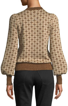 Co Crewneck Blouson-Sleeve Jacquard Knit Pullover Sweater