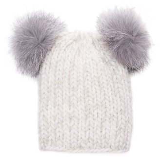 Eugenia Kim Mimi Knit Beanie Hat w/Fur Pom-Poms, White