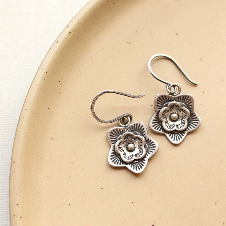 Etsy Layered Cactus Flower Earrings Intricately Stamped Flowers Silver Handmade Spring Style Feminine Earrings