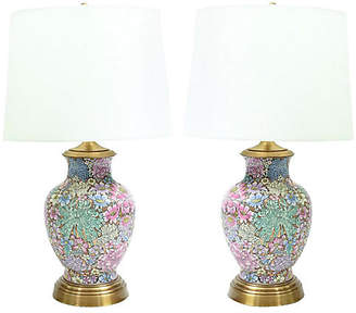One Kings Lane Vintage French Cloisonne Table Lamps - Set of 2 - La Maison Supreme - base, pink/green/blue/gold; shade, white