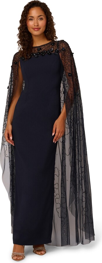 Adrianna Papell Women's Bead Cape Crepe Long Dress