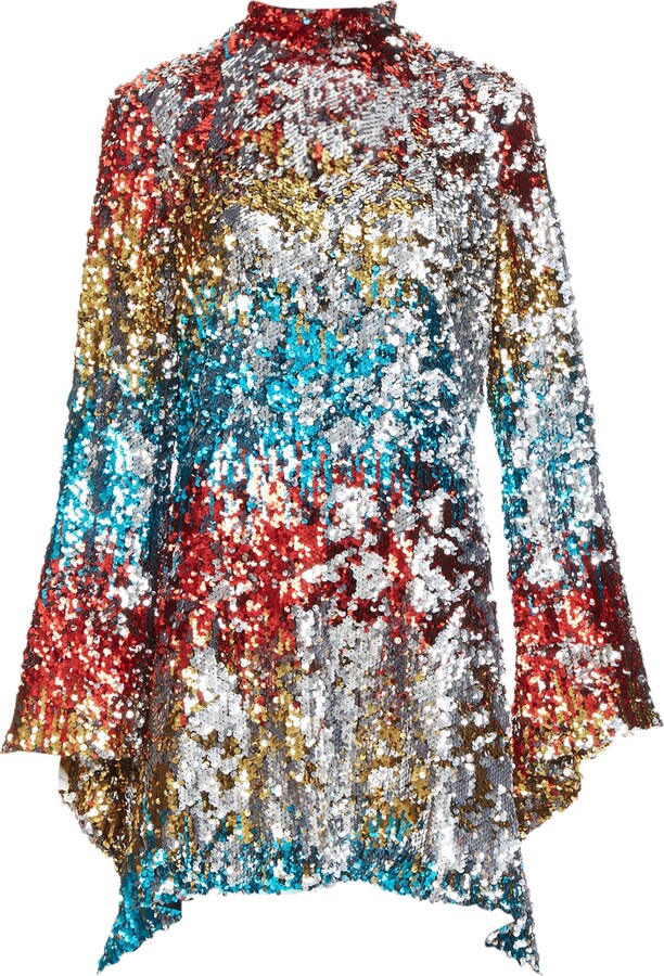 Halpern Flip Sequin multicolor flare drape hem mini dress