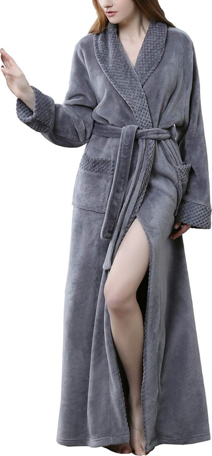 Kinloy Ladies Plus Size Shaggy Soft Fleece Flannel Cosy Dressing Gown  Unisex Comfy Home Robe Bathrobe Loungewear Gray M 8-10 UK - ShopStyle
