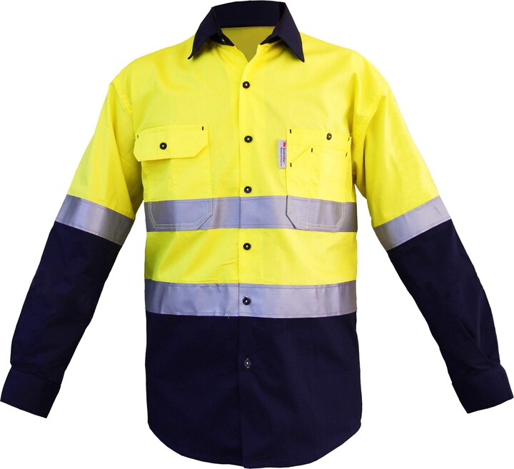 LANTERN FISH Mens Hi Vis Shirts Protective Safety Work with 3M ScotchliteTM  Reflective Tape 100% Cotton Long Sleeve - Yellow - Large