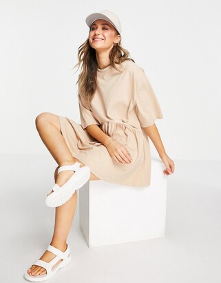 ASOS DESIGN oversized mini smock dress with dropped waist in camel