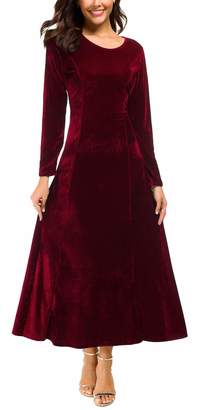 Urban CoCo Women's Elegant Long Sleeve Ruched Velvet Stretchy Long Dress (L, )