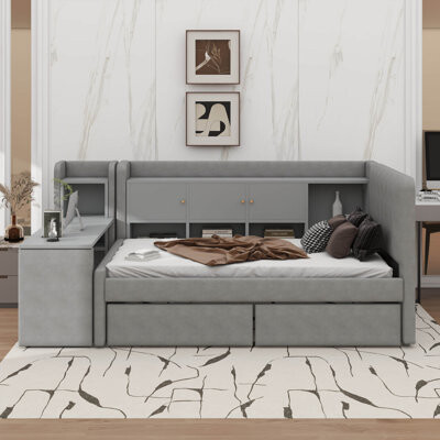 Twin-Sized Fabric-Upholstered Daybed Complete With Drawers, Shelving, Flip-Open Cabinets, And A Side Table