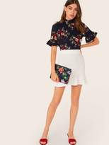 Thumbnail for your product : Shein Mock-Neck Ruffle Cuff Floral Print Top