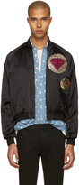 Thumbnail for your product : Saint Laurent Black Satin Patch Teddy Bomber Jacket