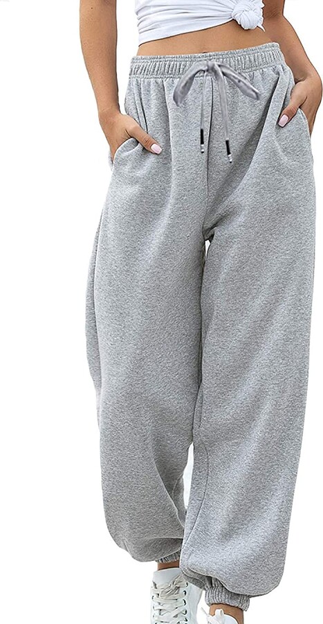 PDYLZWZY Women Baggy Sweatpants High Waisted Loose Jogger Tracksuit Bottoms  Solid Color Workout Lounge Pants with Pockets (Gray