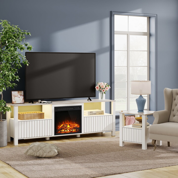 FITUEYES Television Stand with 4 Shelves and Electric Fireplace, Wood White, 15.50''