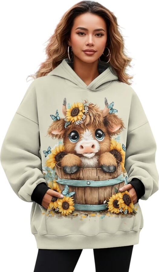 Guosanchn Sloth Hoodies for Women Cherry Blossom Loose Long Sleeve Drop Shoulder Hooded Hoodies Graphic Pink Cozy Winter Crewneck Fleece Pullover Shirt Athletic Tops with Front Pocket M