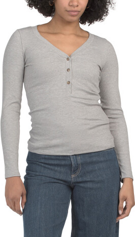 Ribbed Henley Long Sleeve Top for Women | Polyester/Spandex/Rayon