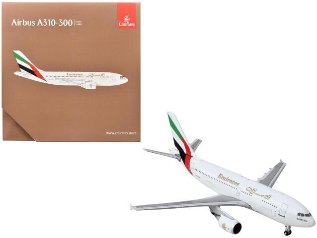 Airbus A310-300 Commercial Aircraft 'Emirates Airlines' (A6-EKB) White w/Striped Tail 1/400 Diecast Model Airplane by GeminiJets