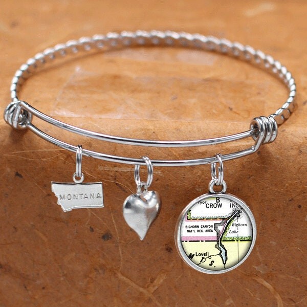 Montana Map Bracelet/Big Horn Lake Mt Charm Vintage Jewelry USA Cities Bridesmaid Birthday Graduation Gifts For Her