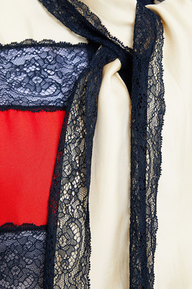 Gucci Tie-neck Paneled Silk-twill And Lace Blouse
