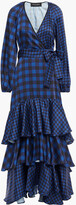 Thumbnail for your product : Paper London Neli Tiered Gingham Silk-twill Maxi Wrap Dress