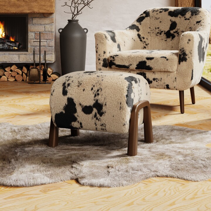 Dunelm Curved Cow Fur Wooden Accent Stool Faux Cow Print