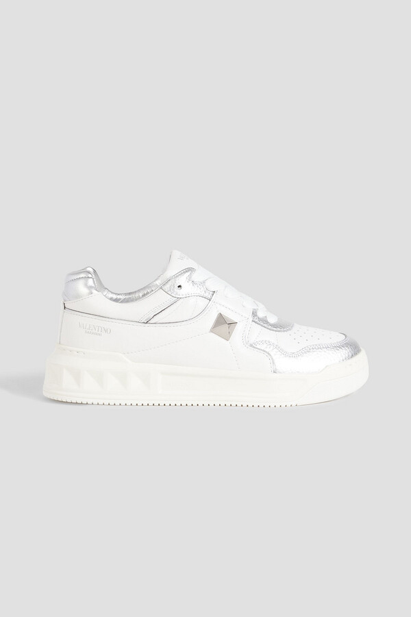 Valentino Garavani Roman Stud metallic smooth and pebbled-leather sneakers