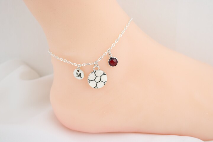 Soccer Anklet Silver Chain, Custom Initial, Birthstone Charm