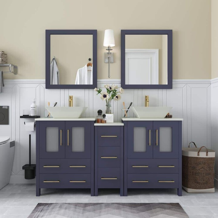 Vanity Art Ravenna 60 in. W Double Basin Bathroom Vanity in Blue with White Engineered Marble Top and Mirror