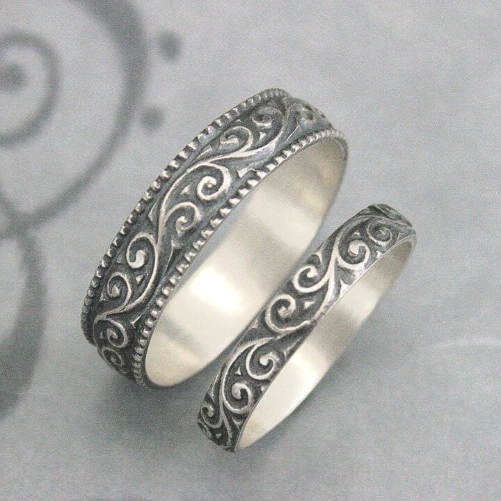 Etsy Vintage Style Rings Wedding Set Flourish Silver Bands Mens Ring Womens Band His & Hers Promise