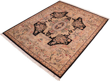 Pablita Oriental Handmade Hand-Knotted Rectangle 8'3'' x 10'3'' Wool Area Rug in Black/Ivory/Brown