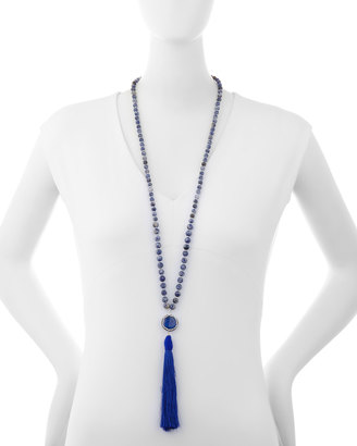 Panacea Long Beaded Stone Tassel Pendant Necklace, Blue