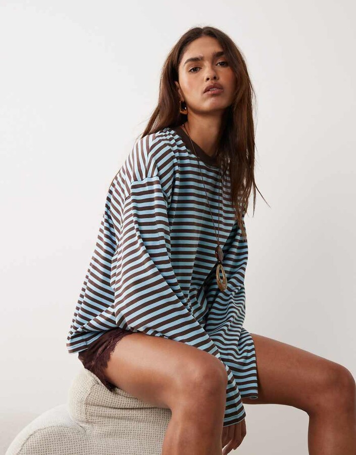 Lioness Bloom cotton blend long sleeve crew neck boxy t-shirt in blue and brown stripes