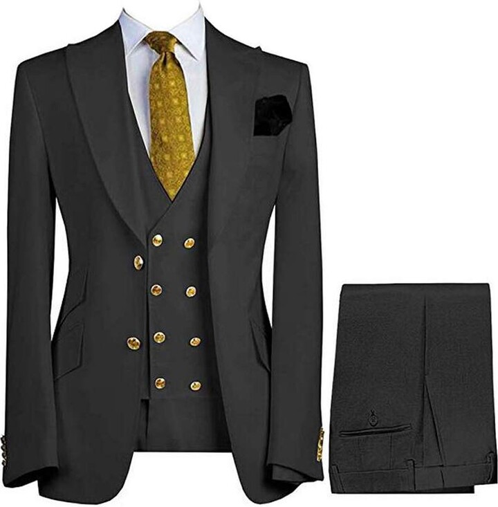 KA Beauty Men's Black Suits Regular Fit 3 Piece Notch Double Breasted