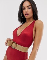 Thumbnail for your product : ASOS DESIGN metallic rib plunge swimsuit with belt