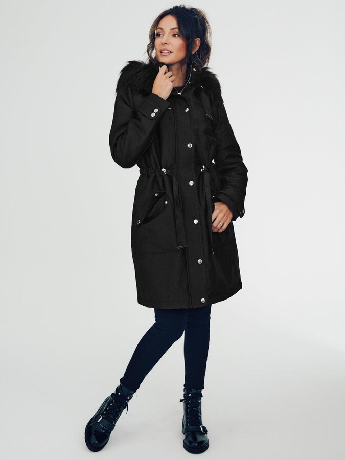 Michelle Keegan Premium Faux Fur Hooded Longline Parka - Black - ShopStyle