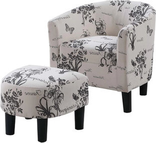 Benjara Beua 2Pc Accent Chair And Ottoman Set, White And Black Script Print
