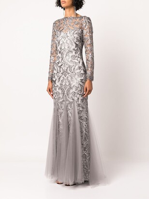 Tadashi Shoji Long-Sleeve Embroidered Tulle-Trim Gown