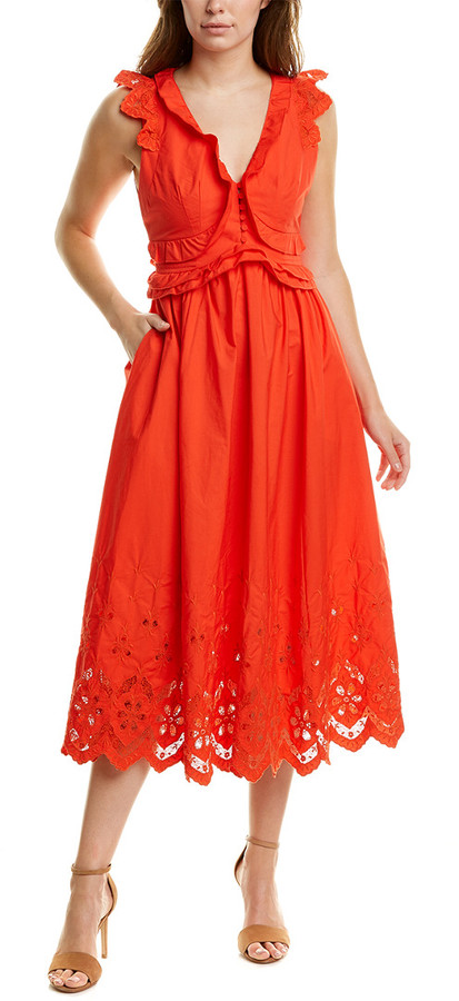 self portrait red embroidered midi dress