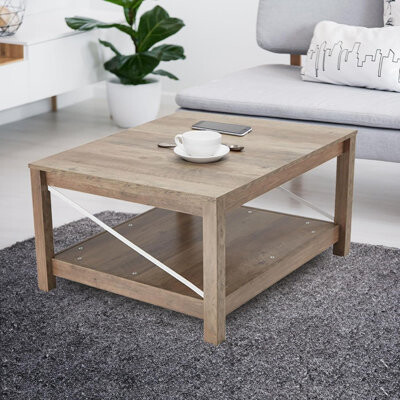 Ophelia & Co. 31.5 Inch Square Coffee Table With Bottom Storage Shelf, Modern Farmhouse Style Living Room Office Accent Table Furniture, Beige
