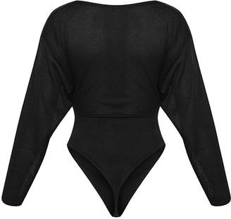 PrettyLittleThing Black Lightweight Knit Cowl Neck Long Sleeve Thong Bodysuit
