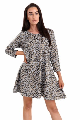 F4S® Womens Plus Size Metallic Hued Animal/Floral Print Long Sleeve Mini Swing Dress Ladies Top 14-28 (Gold Leopard UK - 14)