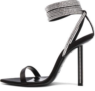Saint Laurent Tower Crystal Embellished Satin Ankle Strap Sandals in Black | FWRD