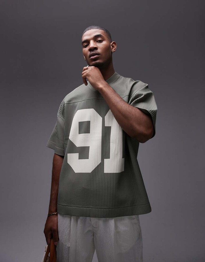 Topman oversized fit plisse T-shirt with print in sage