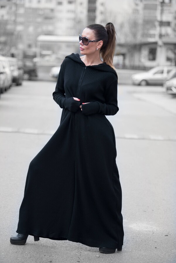 Knitted Cotton Harem Jumpsuit, Hooded Drop Crotch, Plus