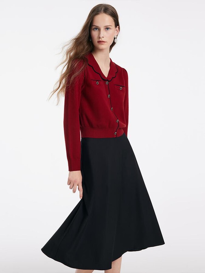 GOELIA Tencel Wool V-Neck Sweater And Half Skirt Two-Piece Set - Chili Red / L