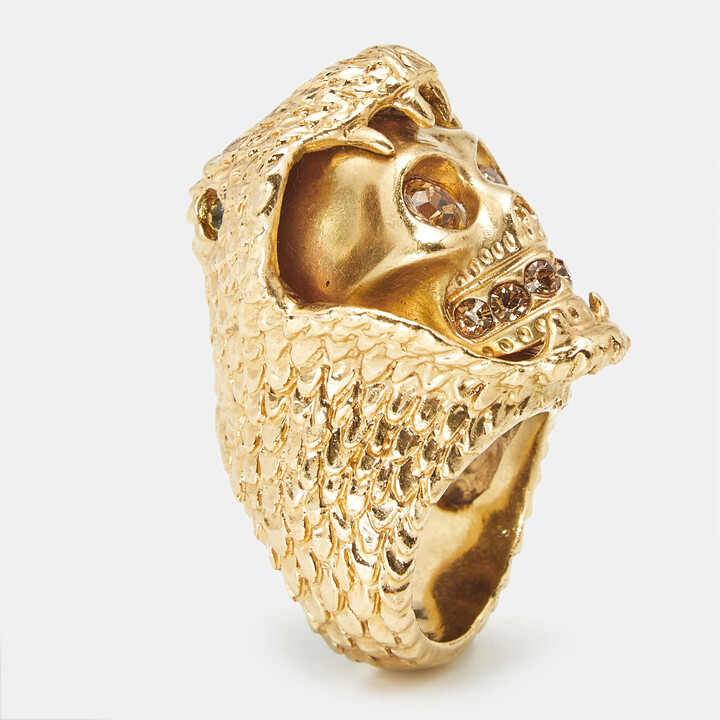 Alexander McQueen Skull and Snake Crystals Gold Tone Ring Size 52