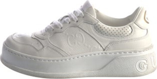 Gucci Leather Low Top Sneakers White GG Embossed Rubber Trim Round-Toes Platform Lace-Up Closure at Uppers Designer