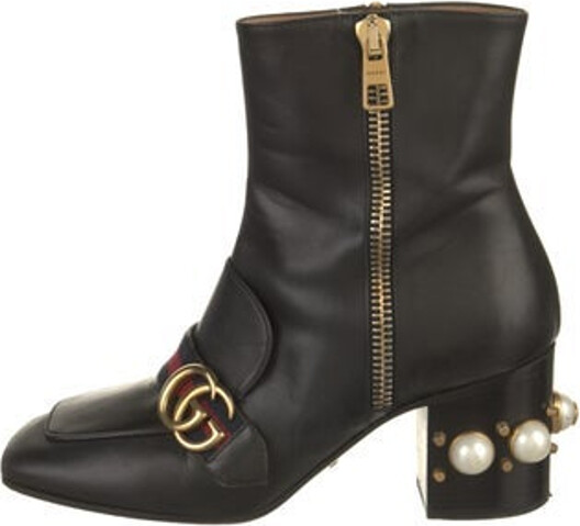 Gucci Leather Ankle Boots Black Faux Pearl Accents & Double G Logo Square-Toes with Studded Accents Concealed Zip Closure at Sides