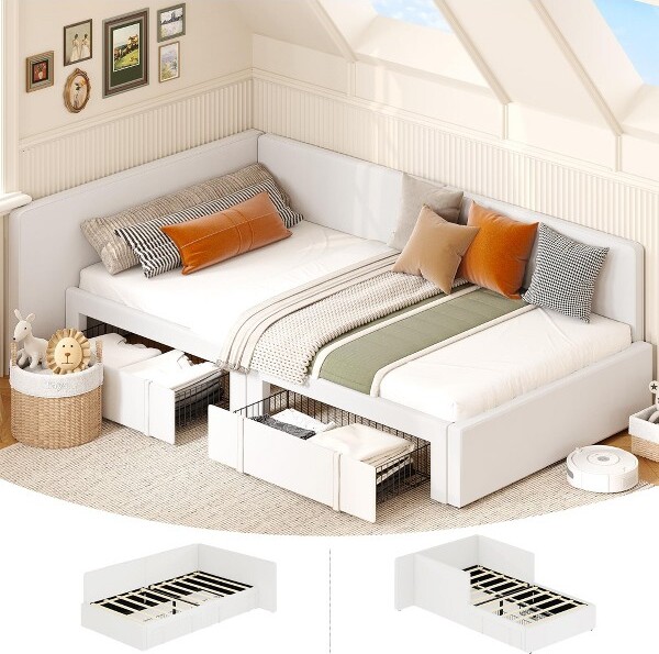 AcekoolTwinDaybedwithStorageDrawersVelvetUpholsteredCornerBedFramewithRailsBeige