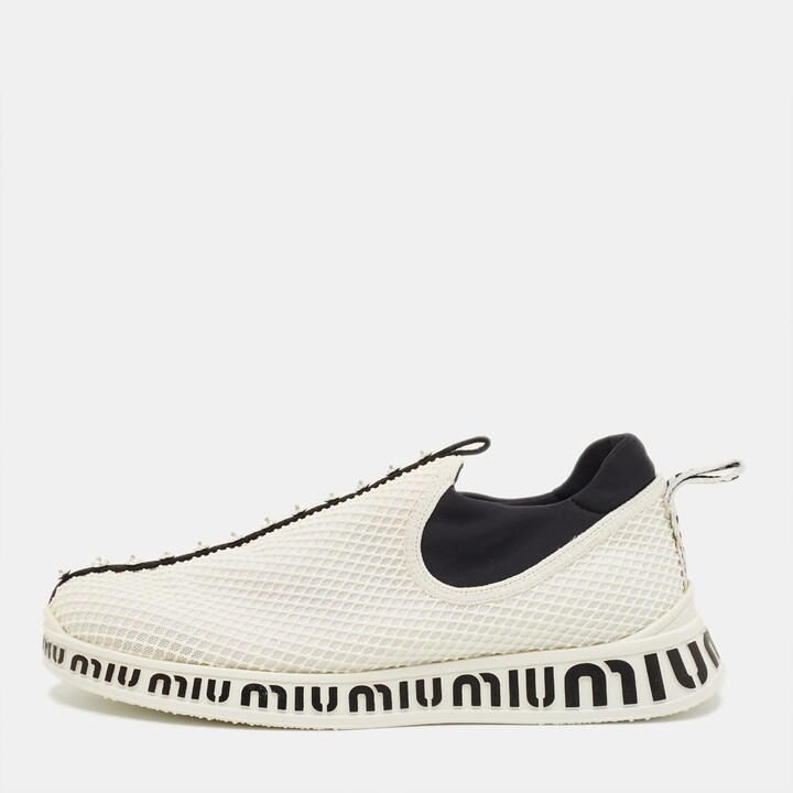 Miu Miu Size 39.5 White Mesh and Neoprene Crystal Embellished Slip On Sneakers