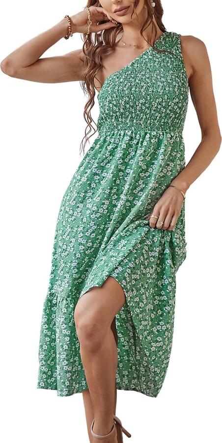 BOXIACEY Summer Dresses for Women 2022 Boho Floral Printed Maxi Dress Solid Plaid One Shoulder Sleeveless Smocked Sundresses 